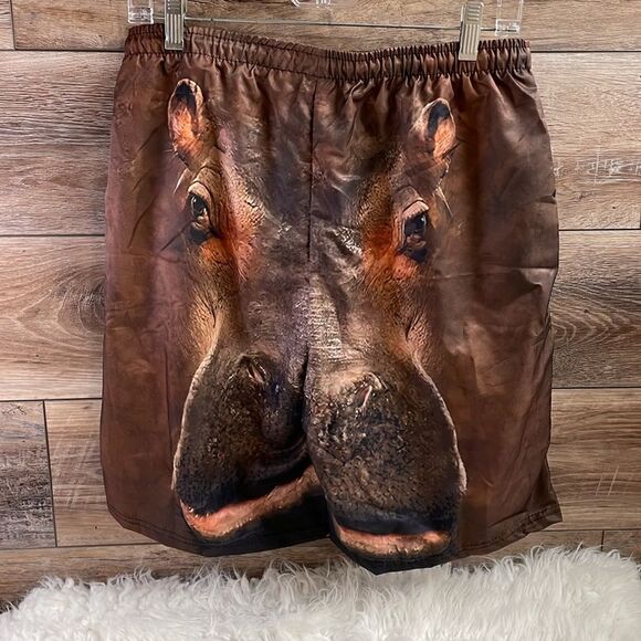 Men’s Novelty Hippo Swim Trunks Shorts, Brown, Size Large - Picture 4 of 5